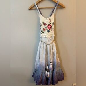 Girls 8/10 Embroidered Dress - Cream and Blue